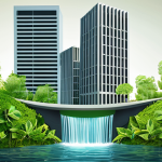 **Prompt 1:** A stylized representation of a corporate building, one half sleek and modern with financial graphs and currency symbols, the other half organically intertwining with elements of nature (green leaves, flowing water) and diverse community silhouettes. The image visually conveys a paradigm shift where business growth is inextricably linked with environmental and social value, moving beyond pure profit. Use a soft, aspirational color palette.