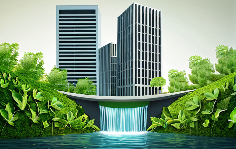 **Prompt 1:** A stylized representation of a corporate building, one half sleek and modern with financial graphs and currency symbols, the other half organically intertwining with elements of nature (green leaves, flowing water) and diverse community silhouettes. The image visually conveys a paradigm shift where business growth is inextricably linked with environmental and social value, moving beyond pure profit. Use a soft, aspirational color palette.
